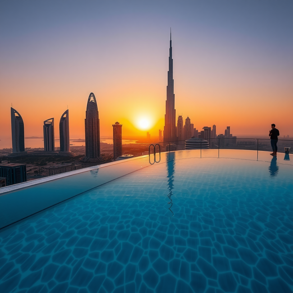 Stunning panoramic view from Aura of Sky Pool infinity pool overlooking Dubai skyline at sunset with crystal clear water reflecting golden hour light