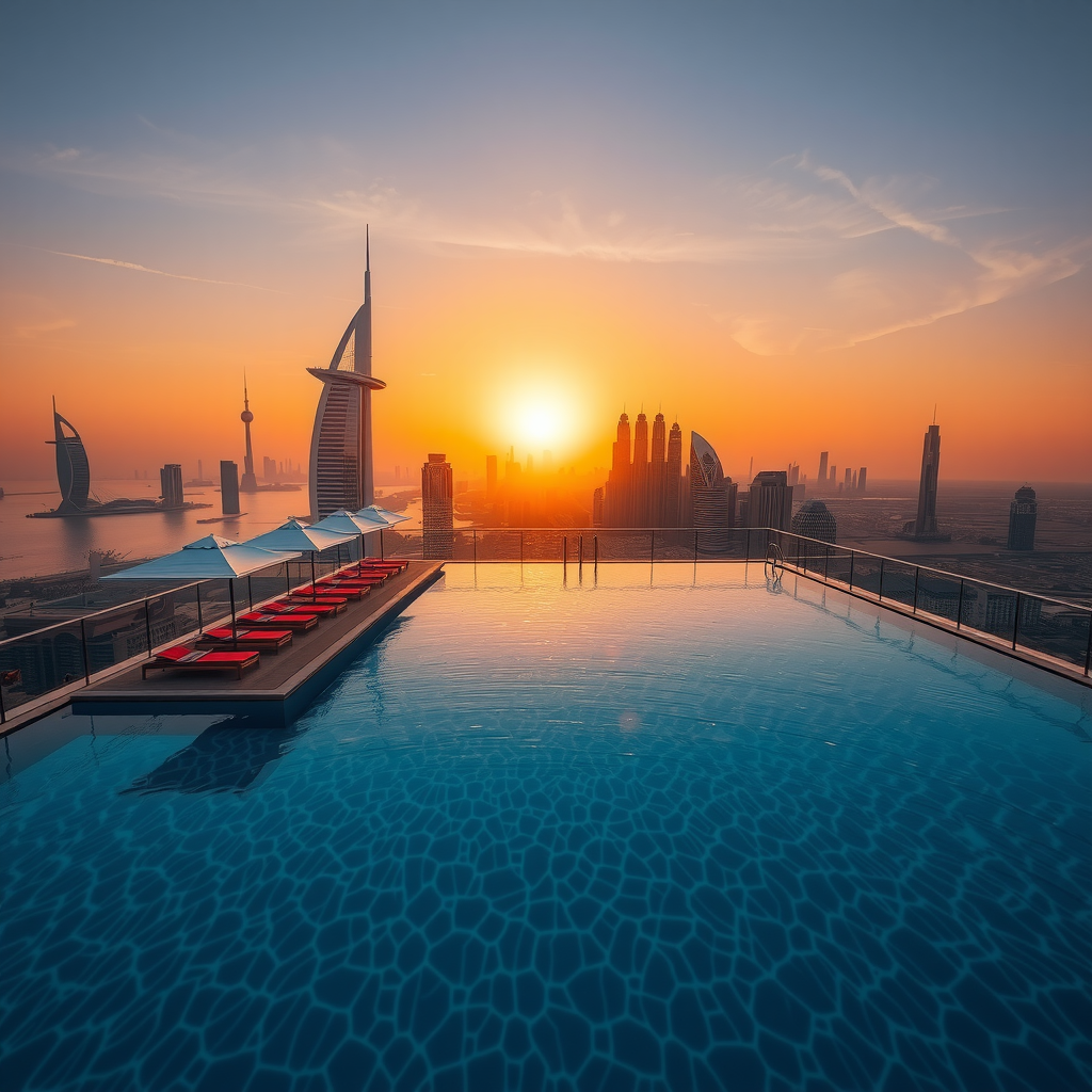 Stunning aerial view of Aura of Sky Pool infinity pool at sunset with Dubai skyline in background, luxurious cabanas and crystal-clear water reflecting golden hour light
