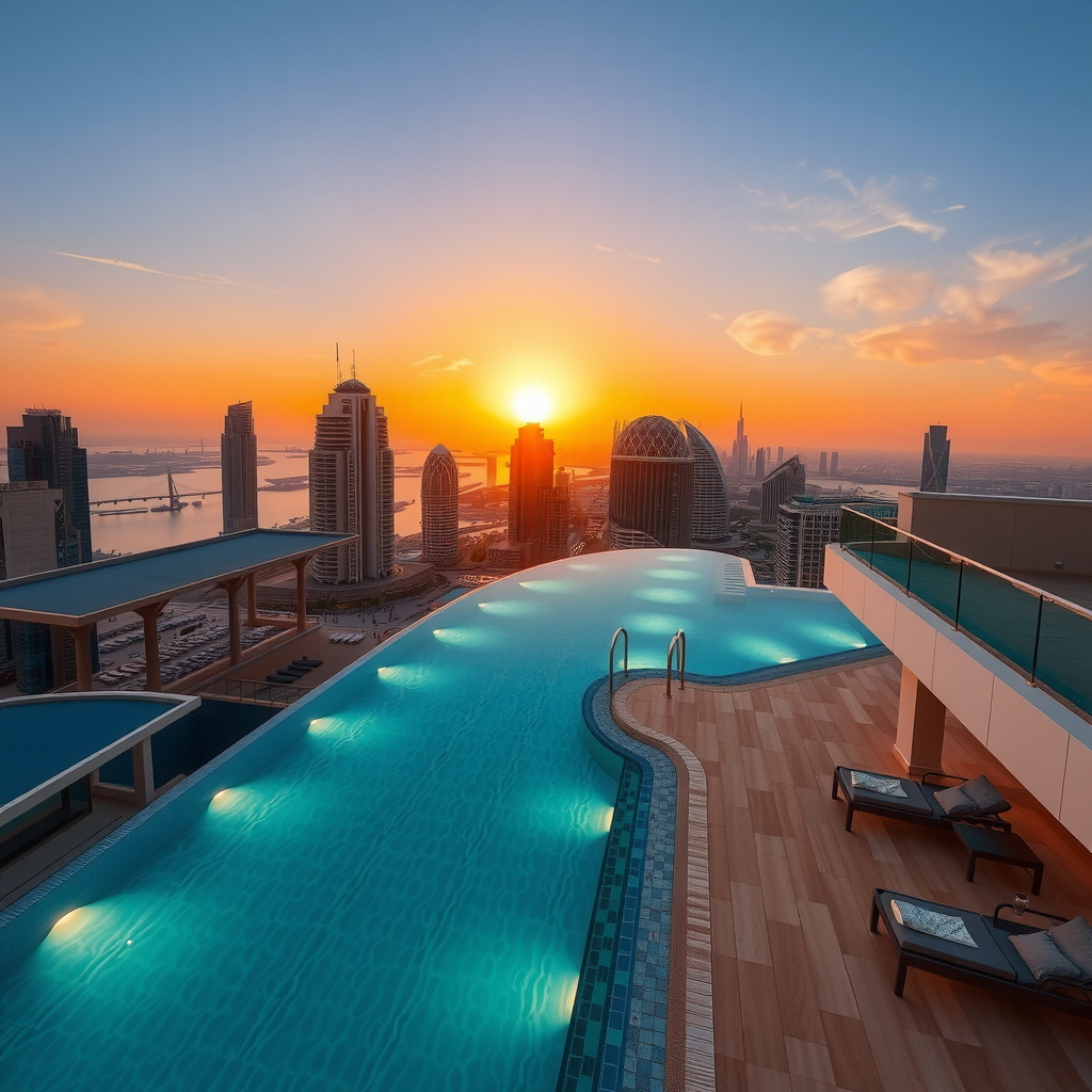 Stunning aerial view of Aura of Sky Pool infinity pool at sunset, showcasing crystal-clear turquoise water merging with Dubai's golden skyline, luxurious poolside loungers, and elegant architectural design with glass railings
