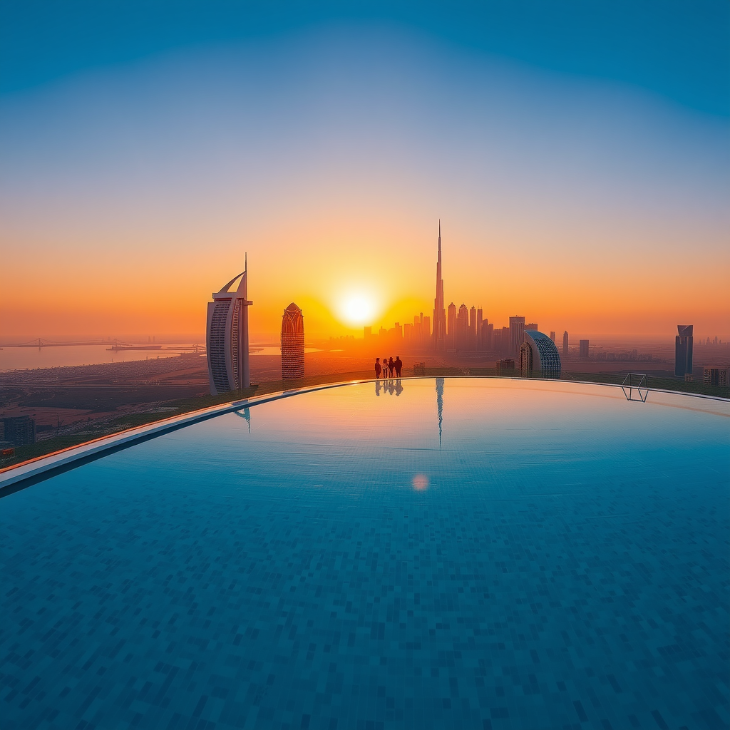 Breathtaking panoramic view of Aura of Sky Pool during autumn golden hour, showcasing crystal clear blue skies, the infinity pool reflecting warm sunset colors, and Dubai's skyline bathed in perfect autumn light with comfortable temperatures