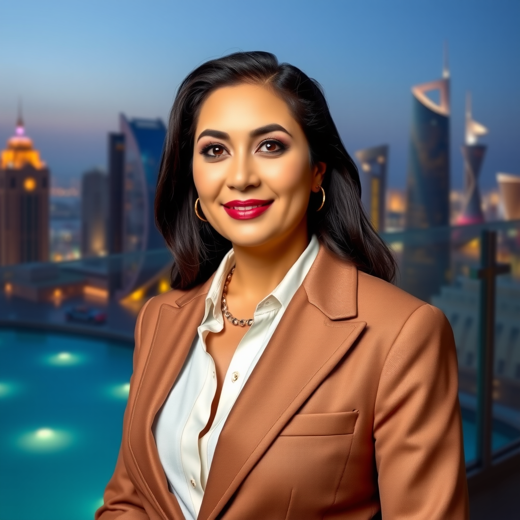 Professional portrait of Aura of Sky Pool General Manager in elegant business attire with Dubai skyline background