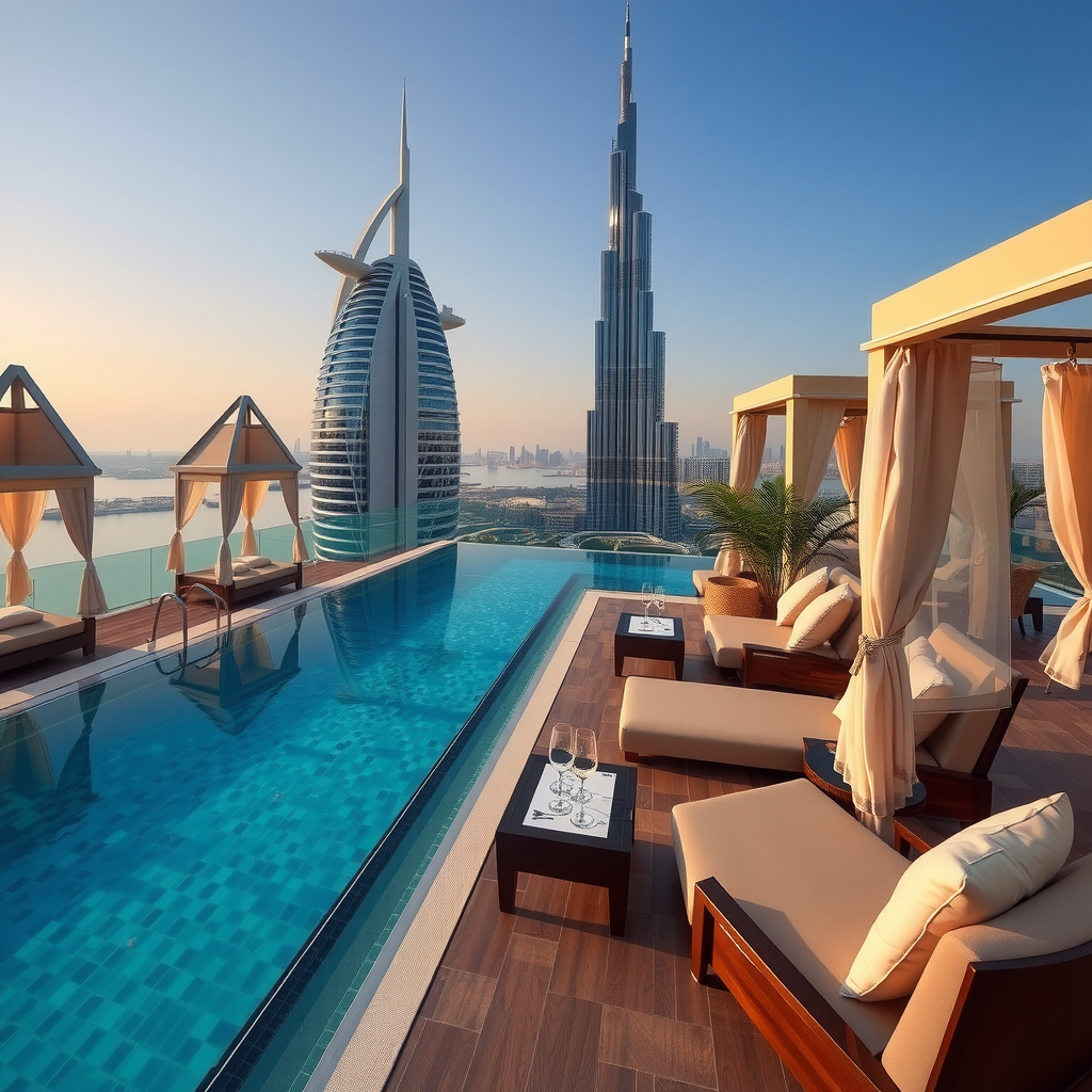 Luxurious elevated infinity pool with crystal clear water reflecting Dubai's modern skyline, elegant cabanas with white curtains, sophisticated lounge chairs, premium service setup with champagne glasses, aerial perspective showing the height and exclusivity of the venue