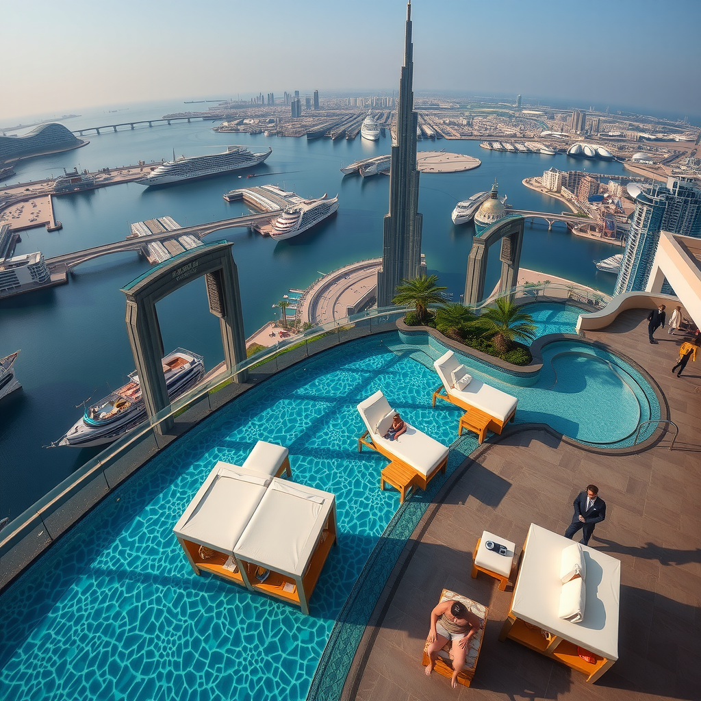 Aerial view of Aura of Sky Pool with infinity edge overlooking Dubai cityscape, luxurious cabanas with white cushions, temperature-controlled crystal clear water, elegant guests relaxing, premium service staff attending to visitors, modern architectural design