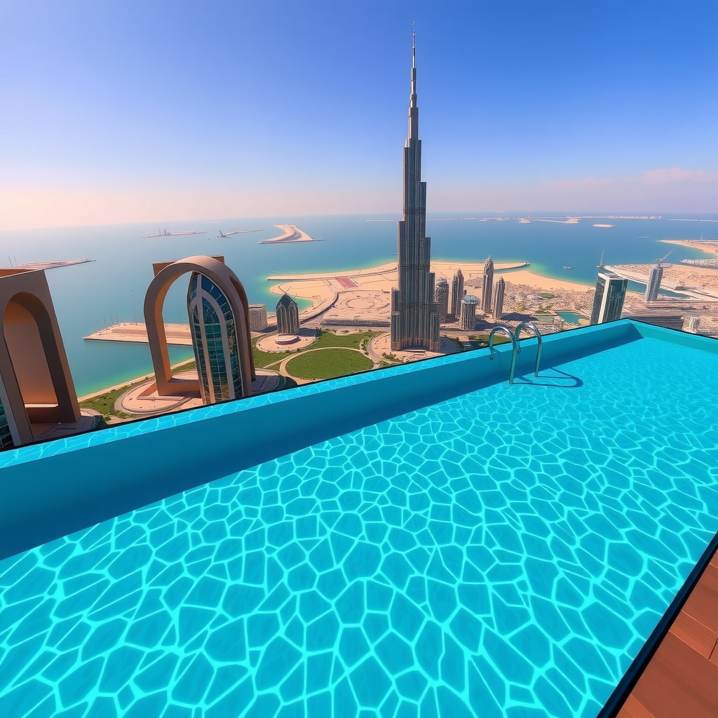 Wide angle view of temperature-controlled infinity pool with glass edges, showing pristine turquoise water and panoramic 360-degree views of Dubai cityscape and Arabian Gulf
