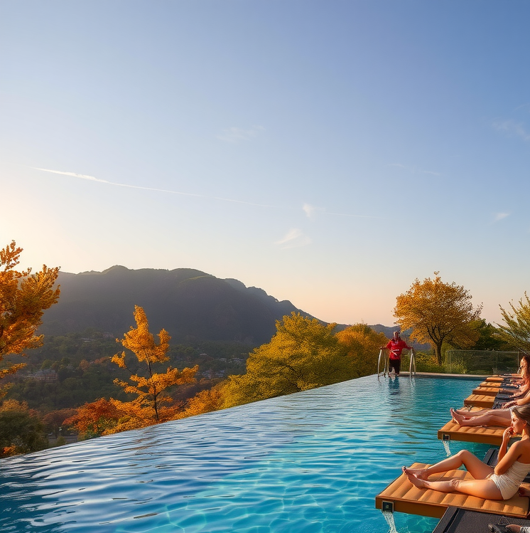 Guests enjoying the infinity pool at Aura of Sky Pool during perfect autumn weather, with comfortable temperatures allowing for extended relaxation, people lounging on premium deck chairs, and the warm afternoon sun creating ideal conditions