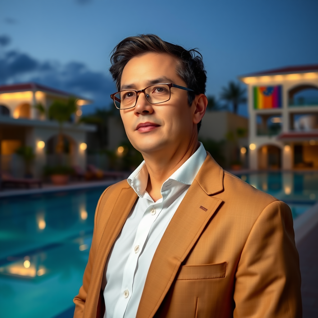 Professional portrait of Operations Director in sophisticated attire overseeing luxury pool facilities