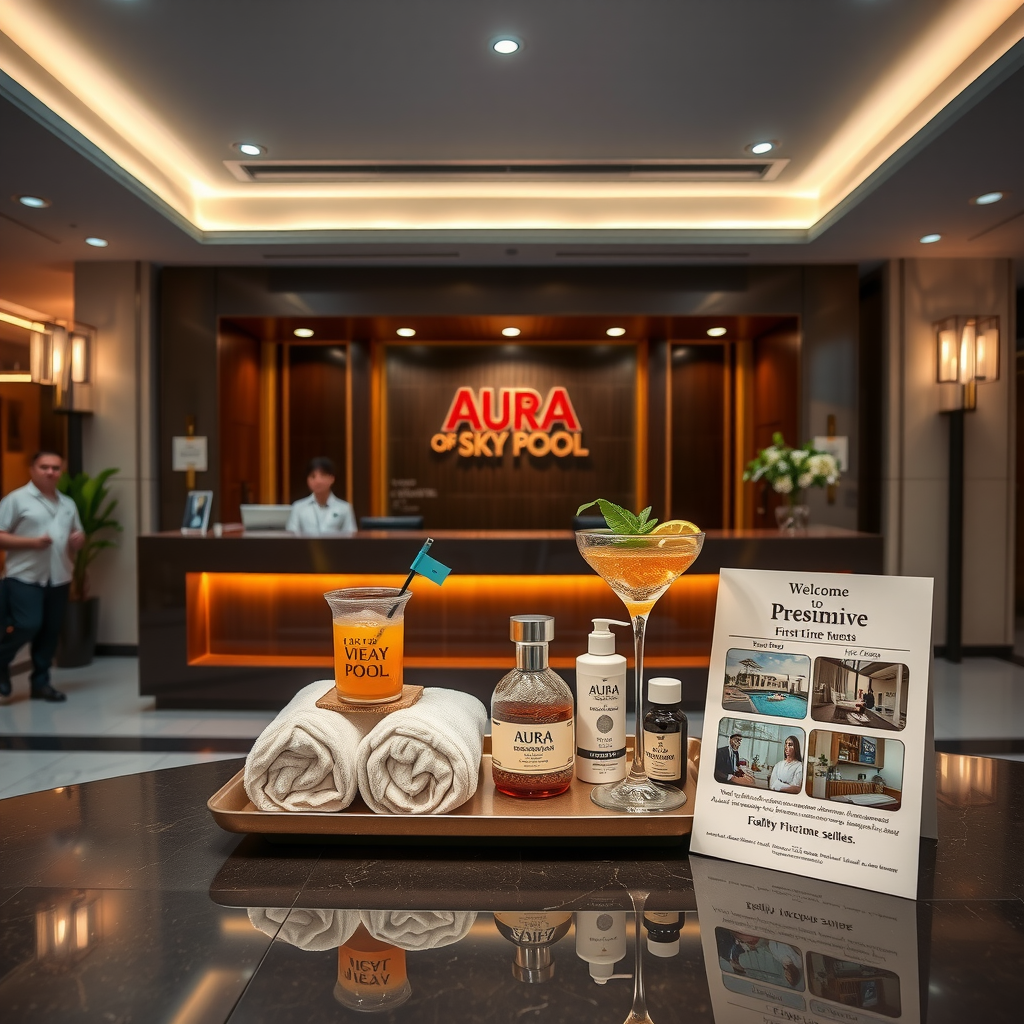 Welcoming scene at Aura of Sky Pool entrance with elegant reception desk, friendly staff greeting first-time guests, luxury amenities display including plush towels and premium toiletries, welcome cocktail on silver tray, informational brochure showing pool facilities and exclusive discount offer