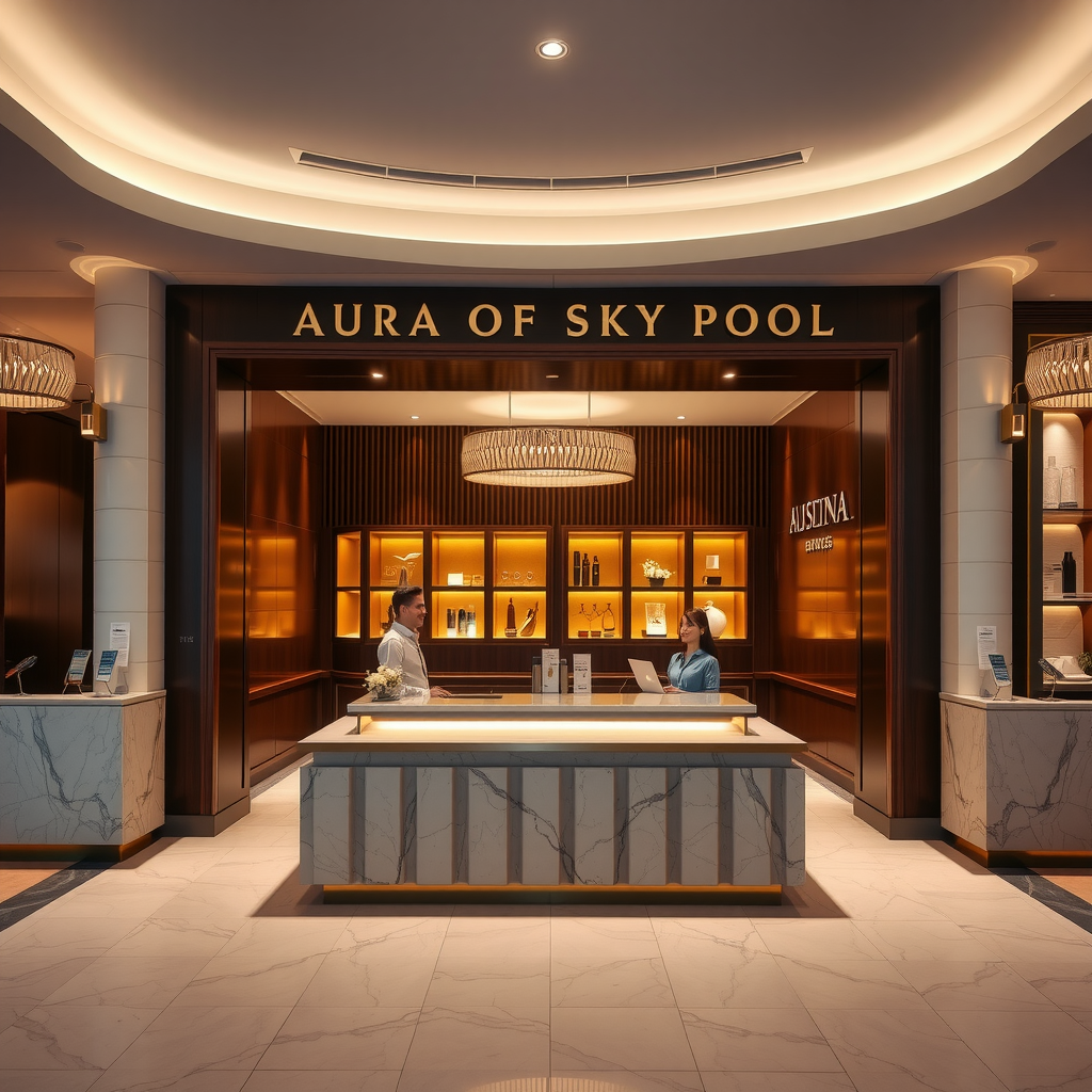 Welcome desk at Aura of Sky Pool entrance with friendly staff greeting first-time visitors, elegant reception area with marble counters, informational brochures displayed, signature cocktail menu visible, luxury amenities showcase, warm ambient lighting