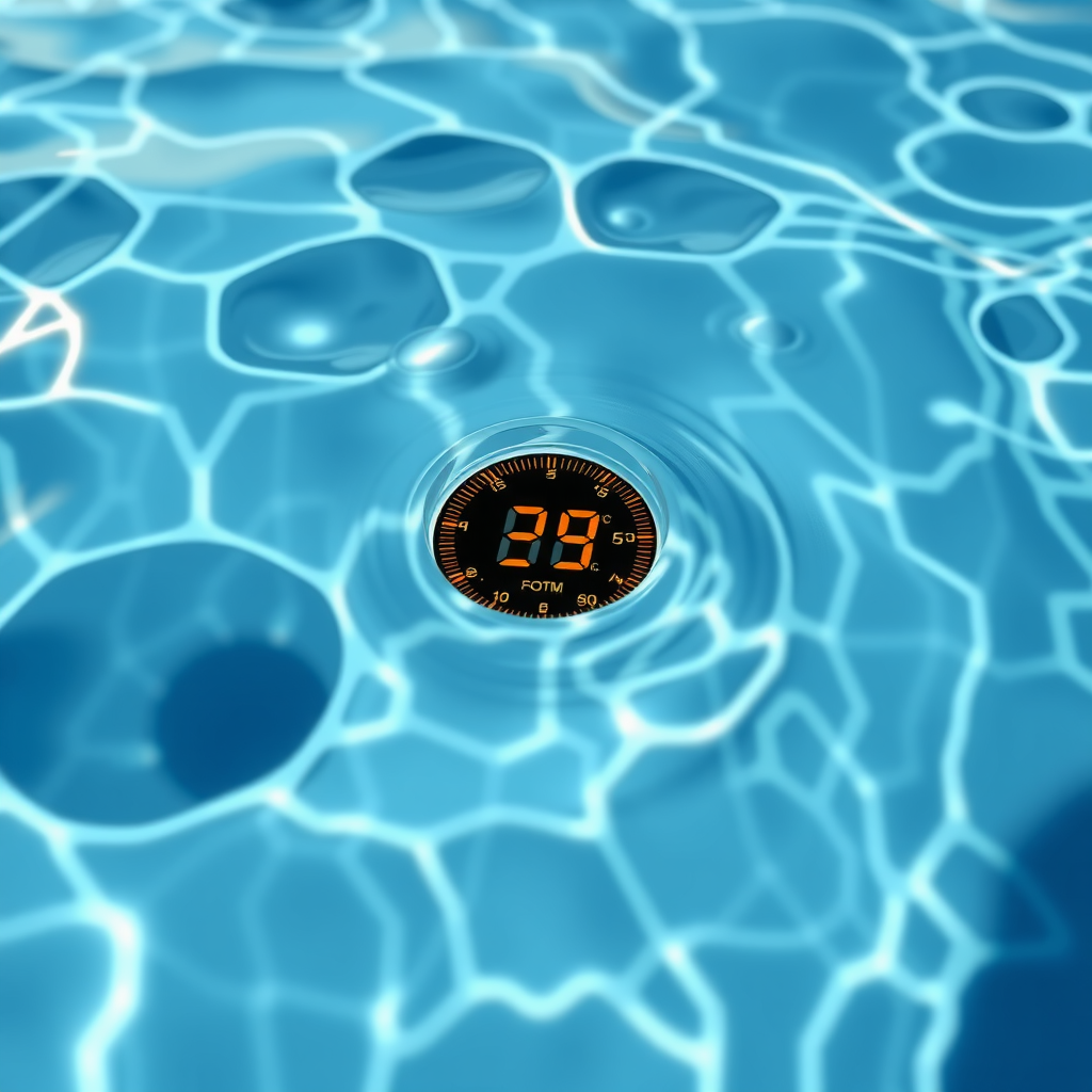 Close-up of crystal-clear temperature-controlled pool water with subtle ripples, showing advanced filtration system and comfortable water temperature indicator display