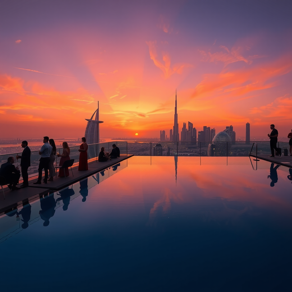 Breathtaking golden hour sunset view from Aura of Sky Pool, showing the infinity pool reflecting orange and pink sky colors, silhouettes of guests enjoying cocktails, and Dubai's illuminated skyline transitioning from day to night