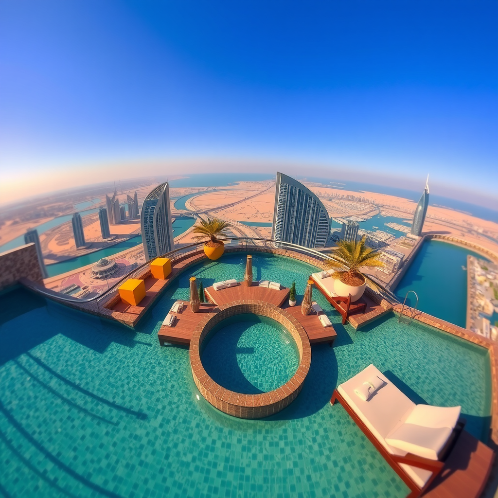 Spectacular crystal-clear autumn skies providing unobstructed 360-degree panoramic views from Aura of Sky Pool, showcasing Dubai's iconic skyline, the Arabian Gulf, and distant desert landscapes with exceptional visibility and vibrant blue skies