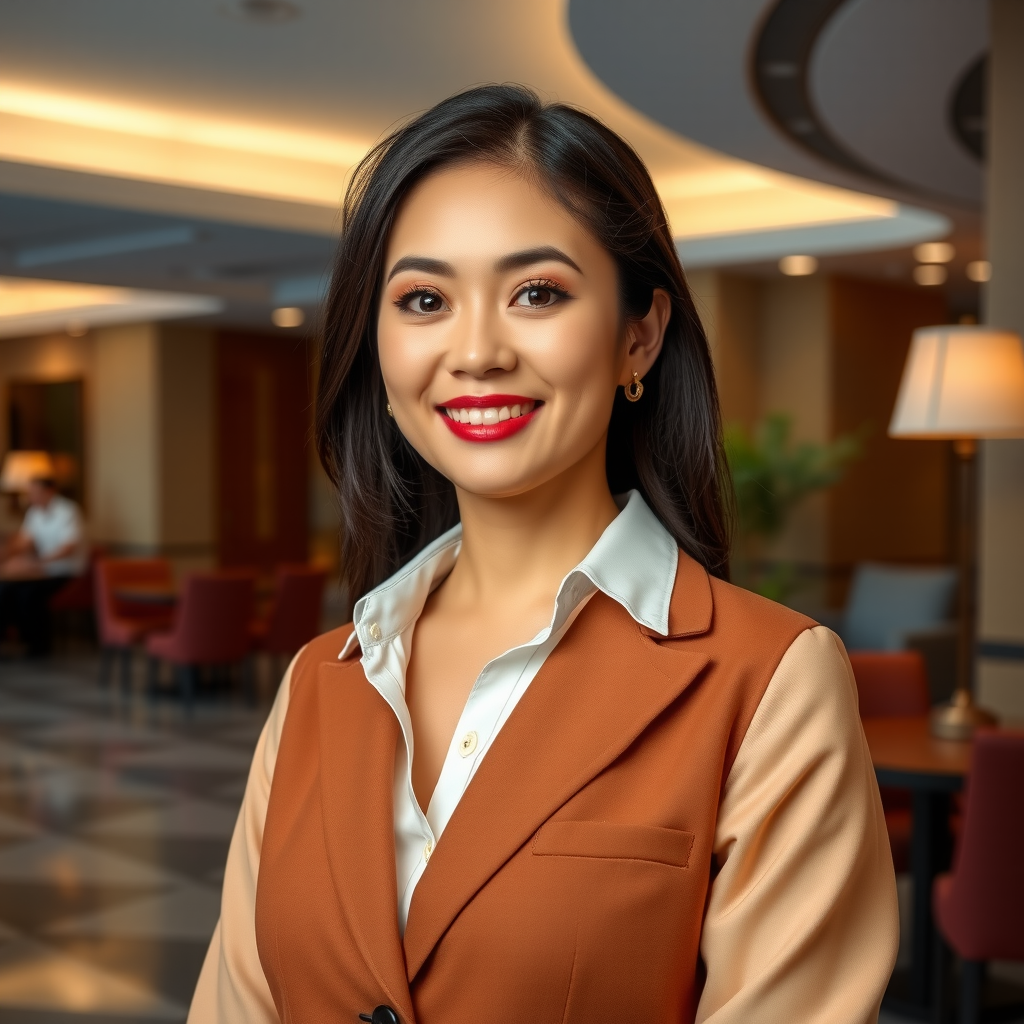Professional portrait of Guest Relations Manager with warm welcoming smile in luxury hospitality setting