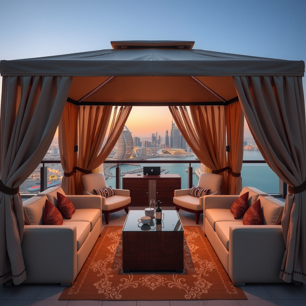 Luxurious private cabana with plush seating, elegant draping, personal service station, and unobstructed views of Dubai skyline through sheer curtains