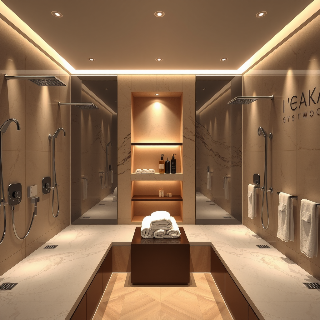 Luxurious changing room and spa facilities at Aura of Sky Pool, featuring marble surfaces, rainfall showers, premium toiletries display, plush towels, and elegant lighting creating a five-star hotel atmosphere