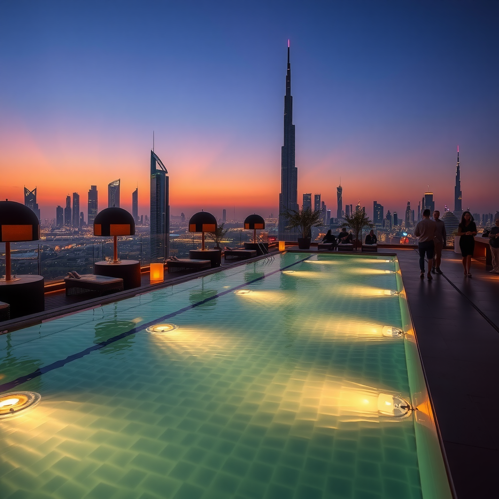 Enchanting evening scene at Aura of Sky Pool during autumn extended hours, featuring sophisticated ambient lighting, guests enjoying the illuminated infinity pool at twilight, warm atmospheric glow, and Dubai's skyline transitioning from sunset to night