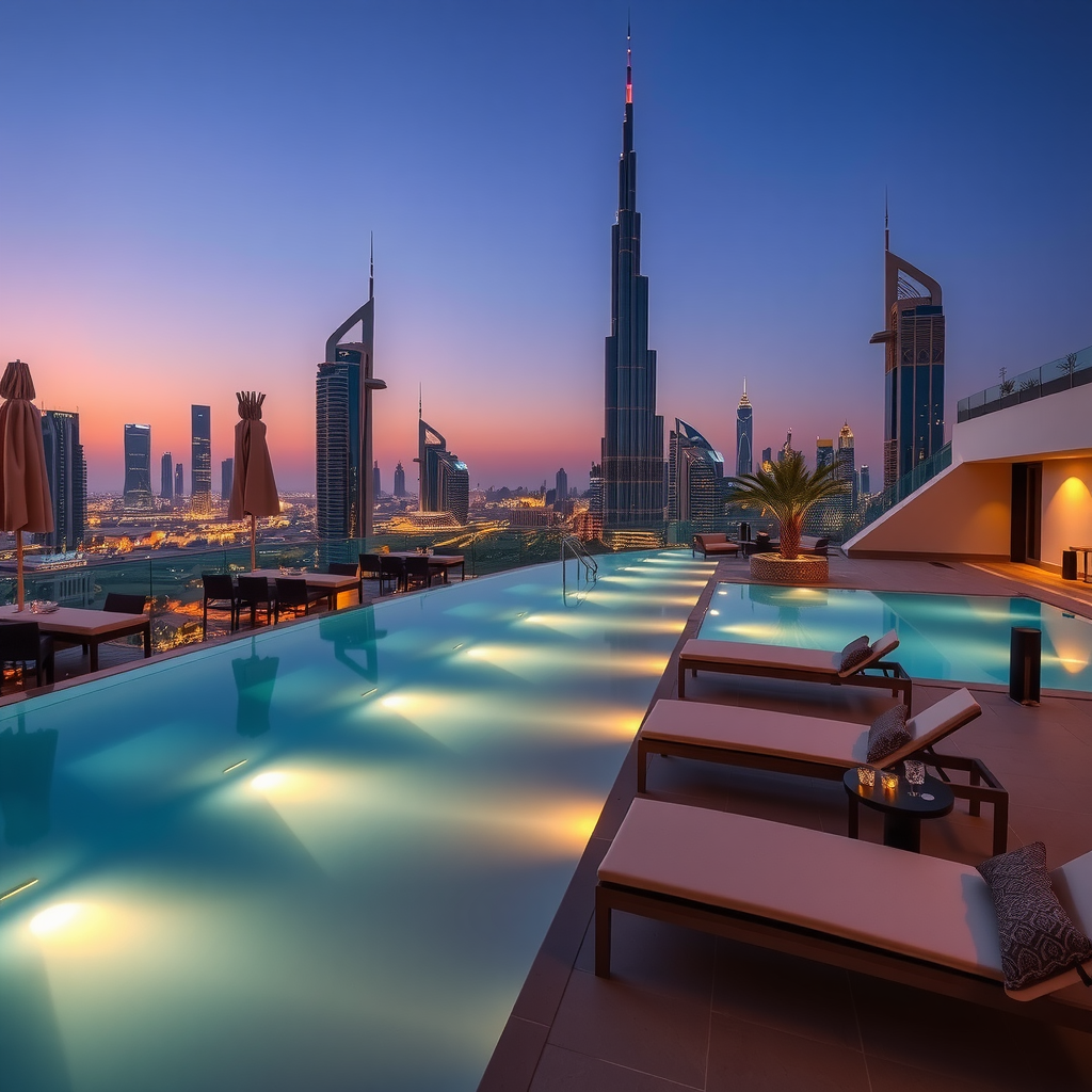 Elegant pool deck at Aura of Sky Pool with premium loungers, ambient lighting, and stunning Dubai cityscape views at dusk