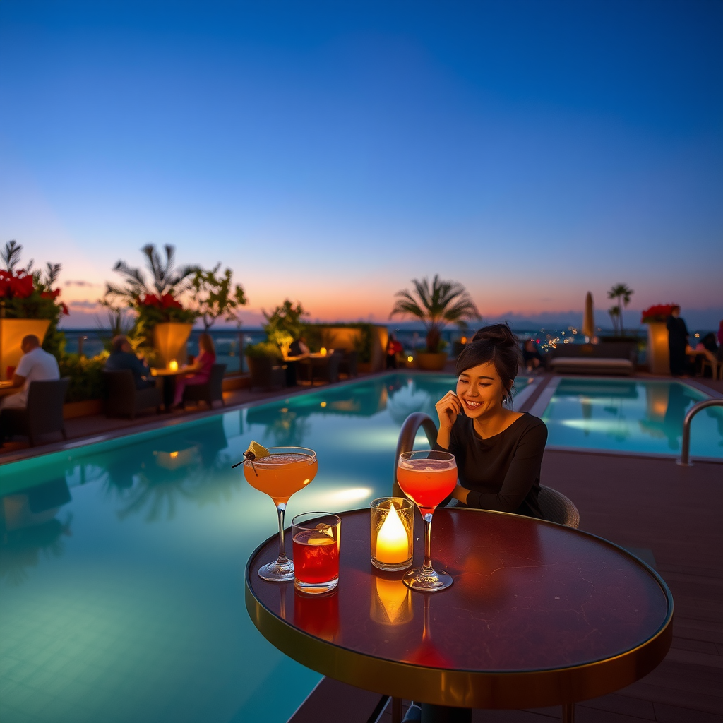 Beautiful autumn evening at Aura of Sky Pool with perfect weather conditions, clear blue sky transitioning to dusk, comfortable temperature indicated by relaxed guests, extended evening hours with ambient lighting beginning to glow, seasonal cocktails on elegant tables, pristine infinity pool reflecting autumn colors