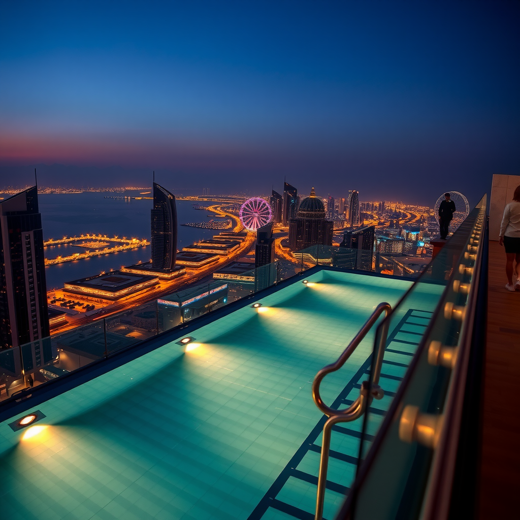 Dramatic evening shot of illuminated sky pool with Dubai city lights twinkling below, showing sophisticated lighting design and elegant guests enjoying the ambiance