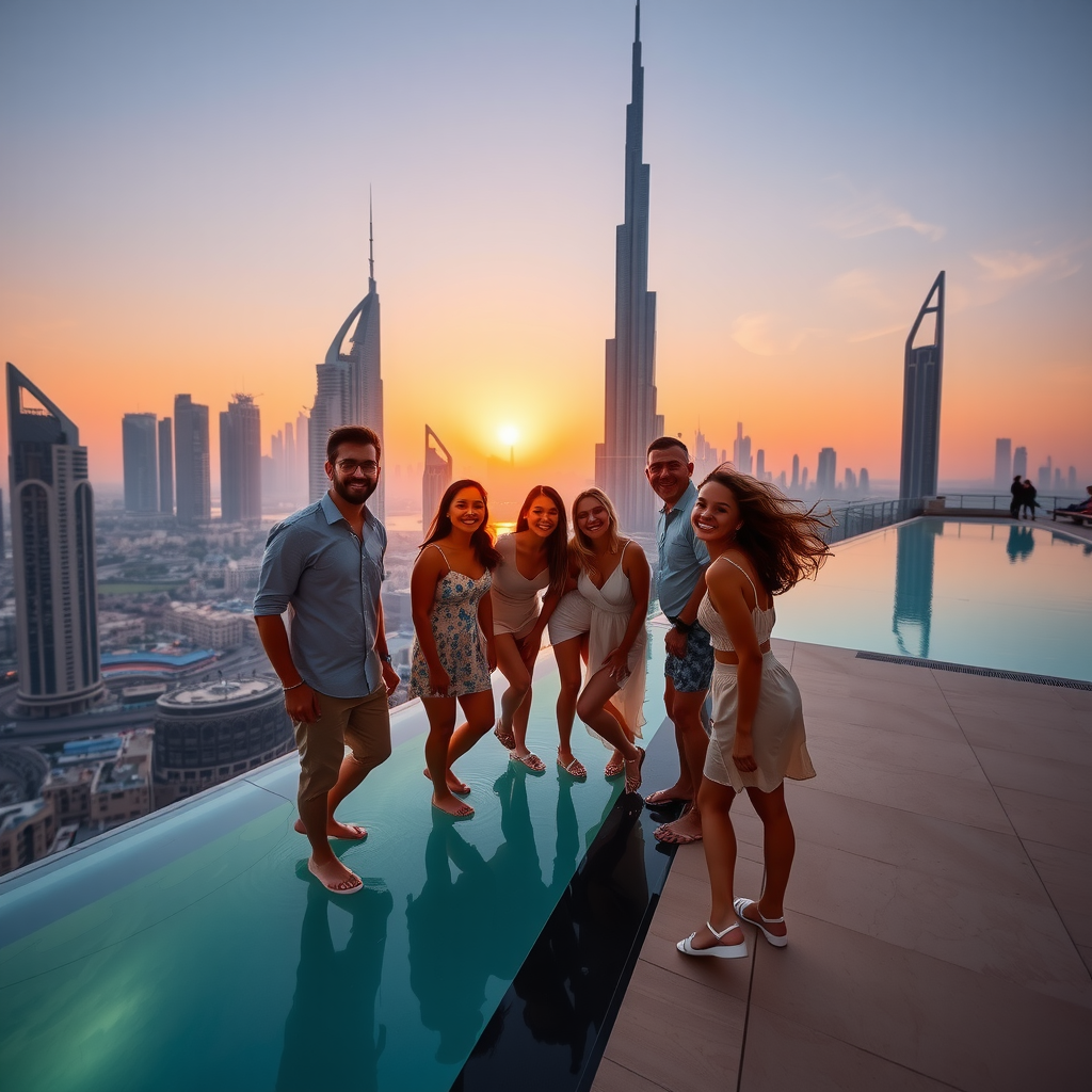 Instagram-worthy photo of guests posing at the infinity pool edge with Dubai skyline backdrop during golden hour, showing the perfect blend of luxury, beauty, and breathtaking views that define Aura of Sky Pool experience