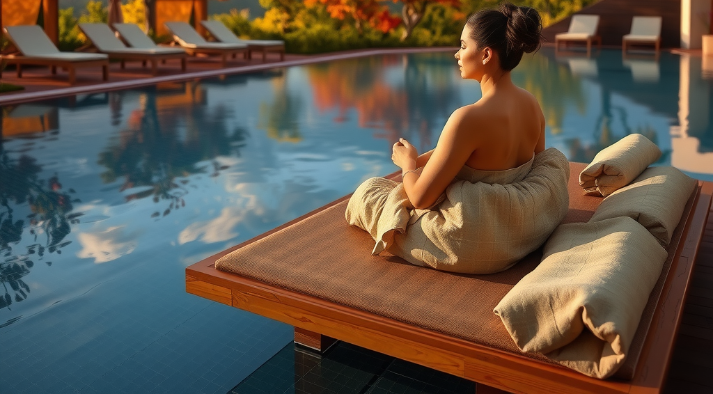 Serene wellness scene at Aura of Sky Pool during autumn, showing guests in peaceful relaxation, practicing mindfulness by the infinity pool, with comfortable lounging areas, tranquil atmosphere, and the perfect autumn weather enhancing the wellness experience