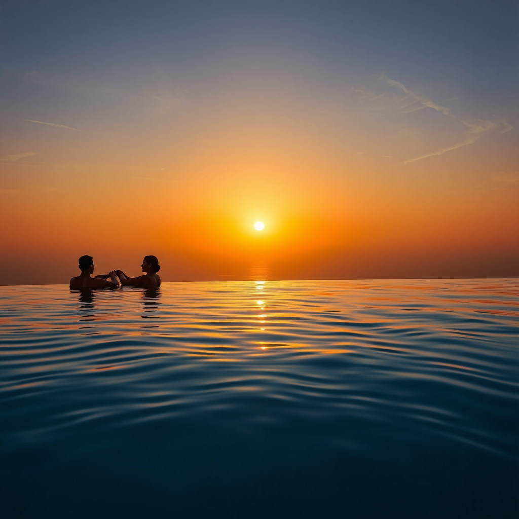 Sunset view from infinity pool edge showing seamless water-to-sky transition, with silhouettes of relaxed guests and warm golden light reflecting on water surface